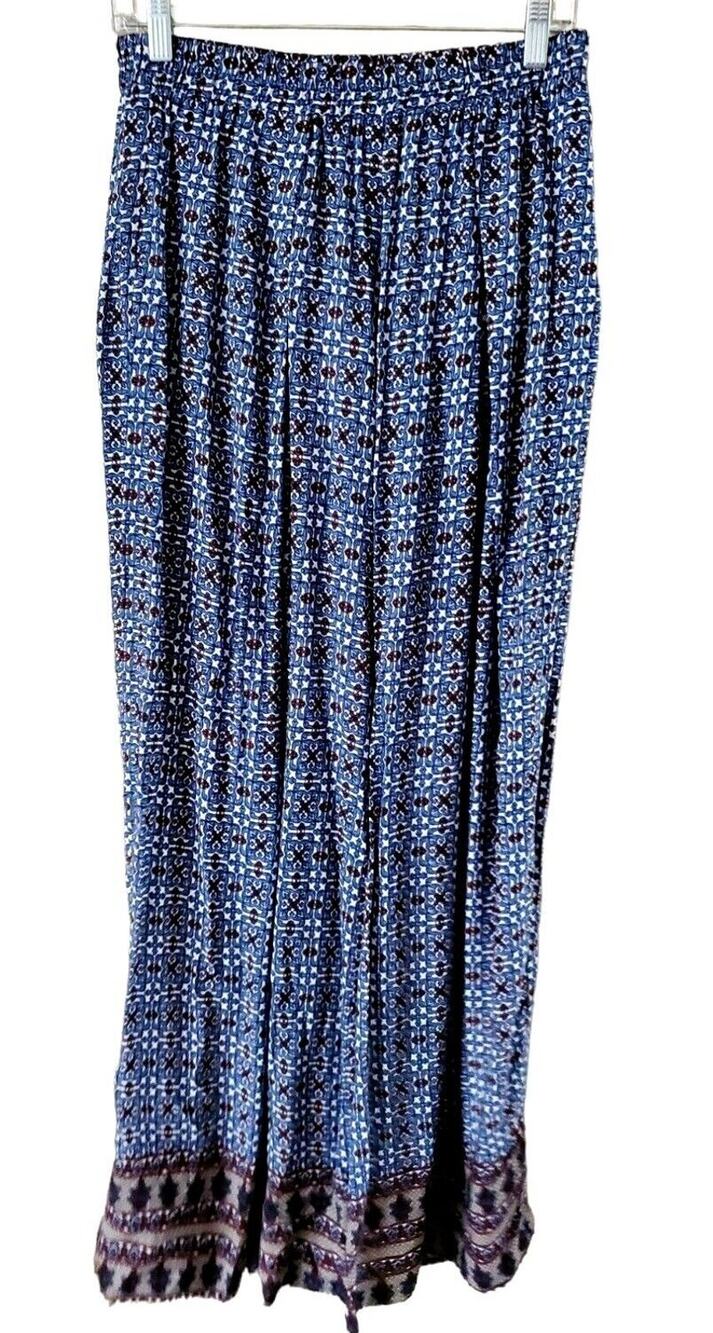 Umgee Blue Cotton Blend Geometric Print Pleated Wide Leg Palazzo Pants Sz M NWT